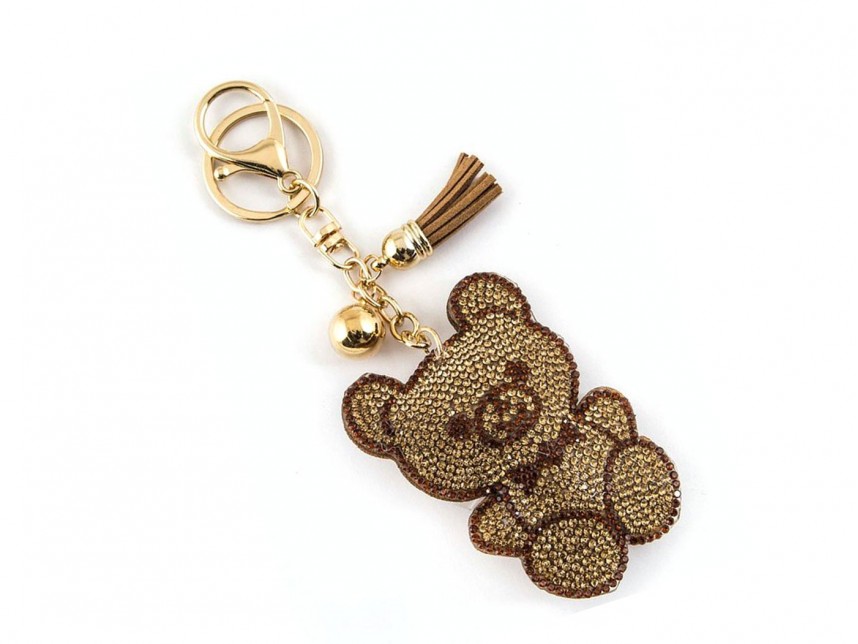 Brown Crystal Teddy Bear Tassel Puffy Keychain - AZ30377BRN
