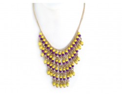 Purple Yellow Beaded Layered Chain Necklace Set