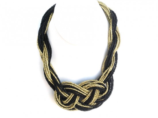 Black Gold Seed Bead Multi Strand Knot Necklace Set
