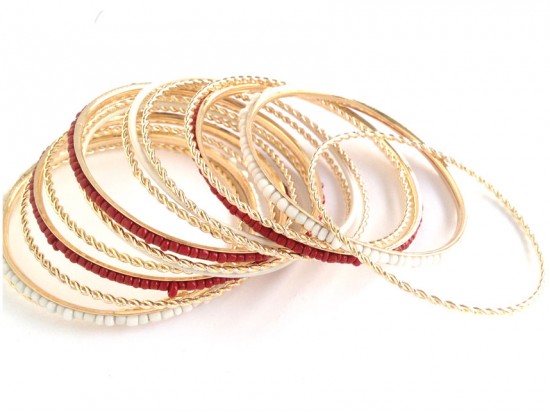 Maroon White Seed Bead Gold Thin Bangle 13 Set