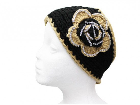 Black Gold Flower Crystal Knit Wrap Headband Black Gold Flower Crystal Knit Wrap Headband