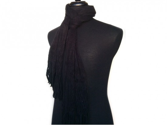 Black Crochet Knit Yarn Fringed Oblong Scarf
