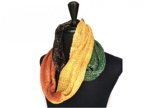 Orange Gold Black Green Yarn Knit Infinity Scarf