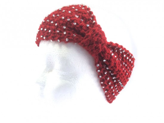 Maroon Knit Bow Headband With Crystals