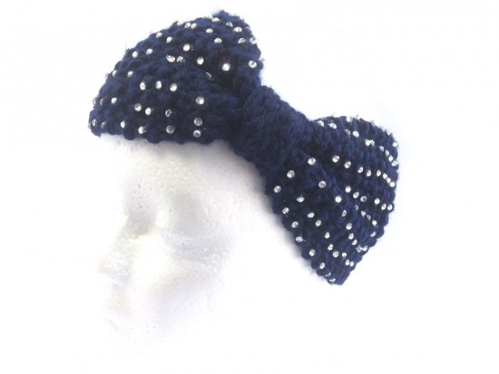 Navy Knit Bow Headband With Crystals