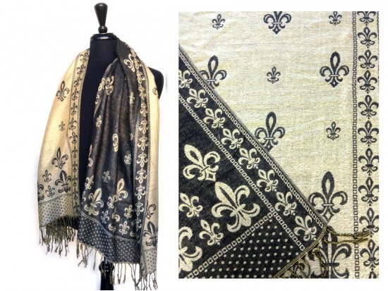 Black Gold Fleur De Lis Pashmina Oblong Scarf