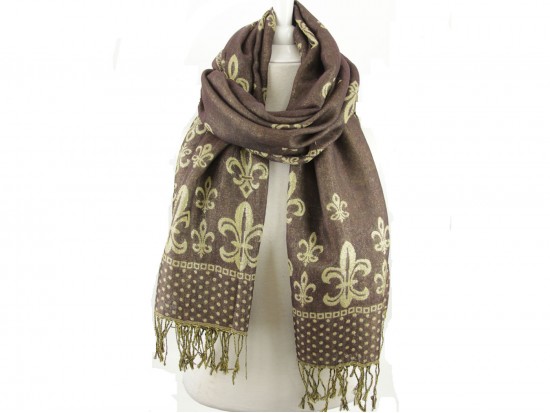 Dark Brown Gold Fleur De Lis Pashmina Oblong Scarf
