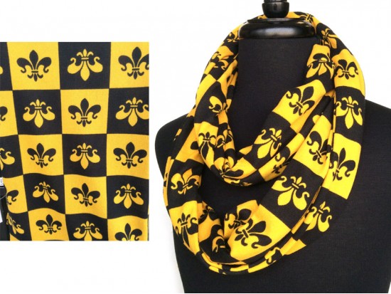 Black Gold Fleur De Lis Checker Jersey Knit Infinity Scarf