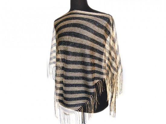 Black Gold Stripe Loose Knit Shimmer Fringe Poncho
