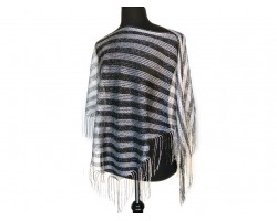 Black Silver Stripe Loose Knit Shimmer Fringe Poncho