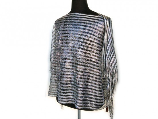 Black Silver Stripe Rectangular Knit Shimmer Fringe Poncho