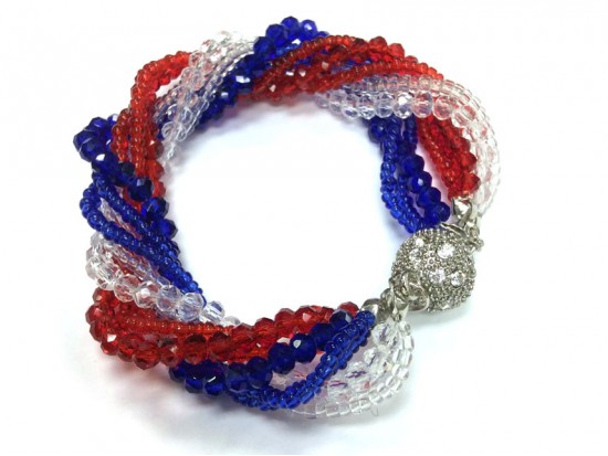 Red White Blue Crystal Twist Bead Magnet Ball Bracelet