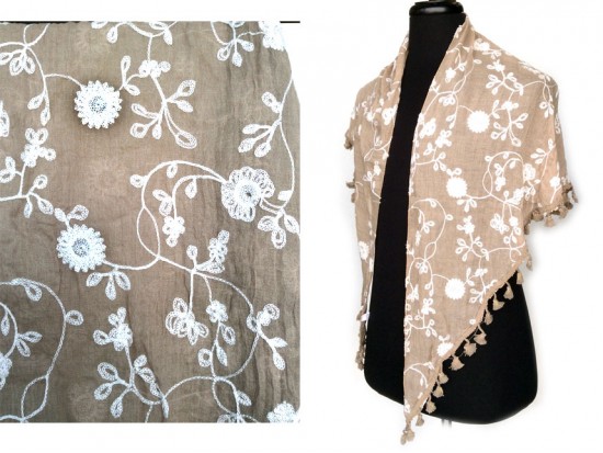 Champagne White Embroidery Flowers Scarf