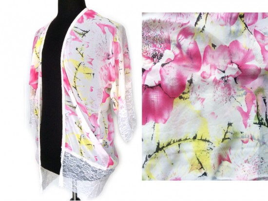 Pink Floral Lace Bottom Hem Cardigan