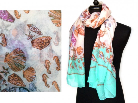 Beige Shells Sea Life Peridot Border Oblong Scarf