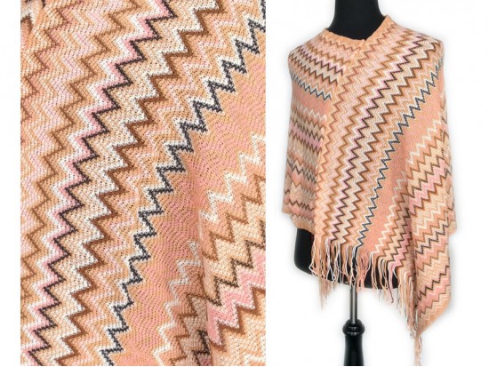 Peach Brown Blue Chevron Knit Poncho