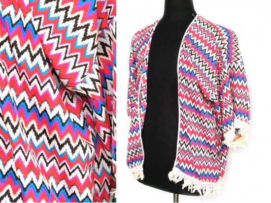 Multi Pink Blue Yellow White Chevron Fringed Poncho