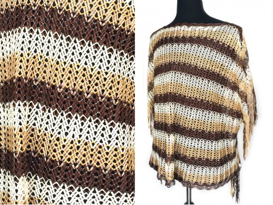 Brown Taupe White Striped Knit Fringed Poncho Brown Taupe White Striped Knit Fringed Poncho