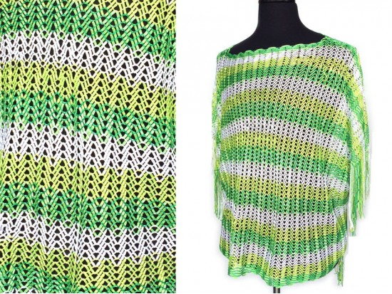 Green Peridot White Striped Knit Fringed Poncho