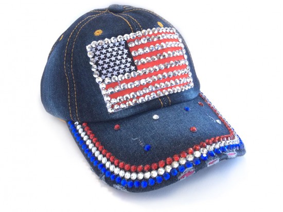USA Flag Crystals Dark Blue Denim Cap