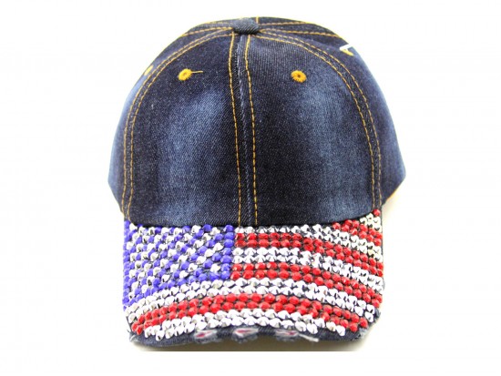 USA Flag Crystals on Brim Dark Blue Denim Cap