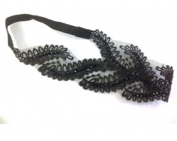 Black Lacy Filigreed Fern Pattern Crystals Headband