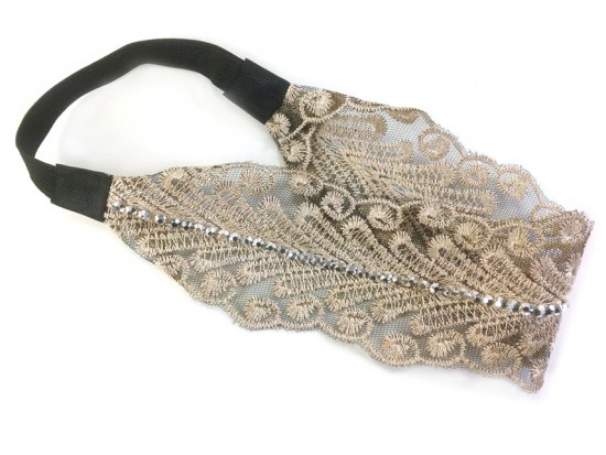 Beige Lacy Fern Pattern Crystal Stretch Headband