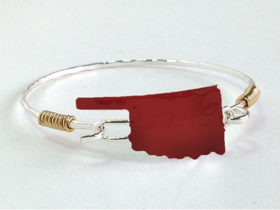 Red Oklahoma State Map Silver Bangle
