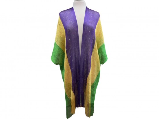 Mardi Gras Vertical Stripe Shimmer Fringe Kimono