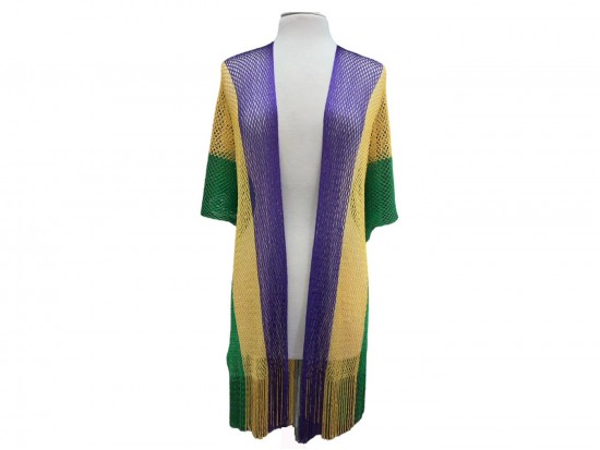 Mardi Gras Vertical Stripe Shimmer Fringe Net Kimono