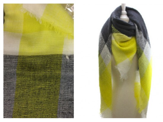 Yellow Grey Green Plaid Fringe Blanket Scarf