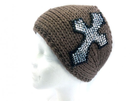 Brown Knit Crystal Cross Wrap Headband