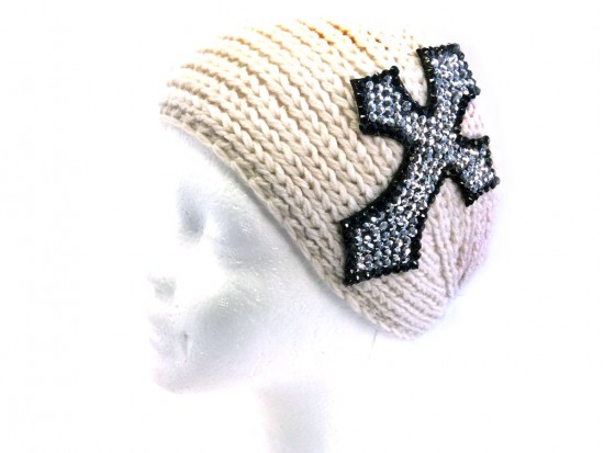 White Knit Crystal Cross Wrap Headband