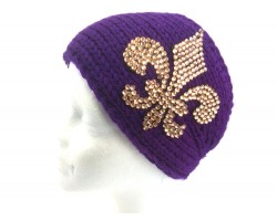Purple Knit Gold Crystal Fleur De Lis Wrap Headband