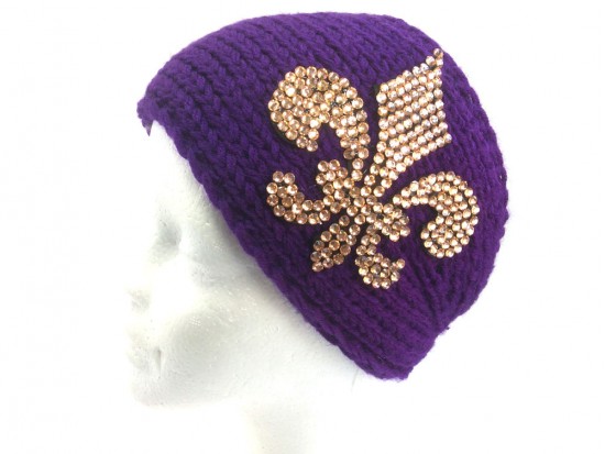 Purple Knit Gold Crystal Fleur De Lis Wrap Headband