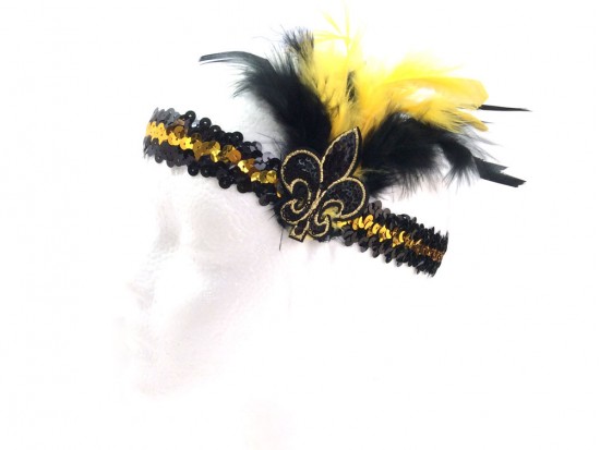 Black Gold Feather Fleur De Lis Sequin Headband