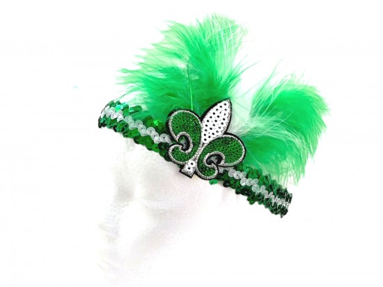Green White Feather Fleur De Lis Sequin Headband