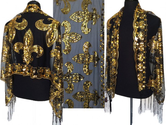Black Gold Sequin Fleur de Lis Fringe Oblong Scarf