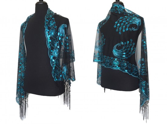 Turquoise Sequin Peacock Fringe Oblong Scarf Turquoise Sequin Peacock Fringe Oblong Scarf