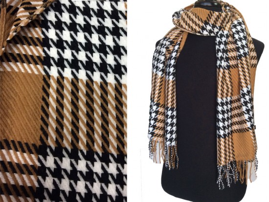 Brown Black White Houndstooth Check Fringe Oblong Scarf