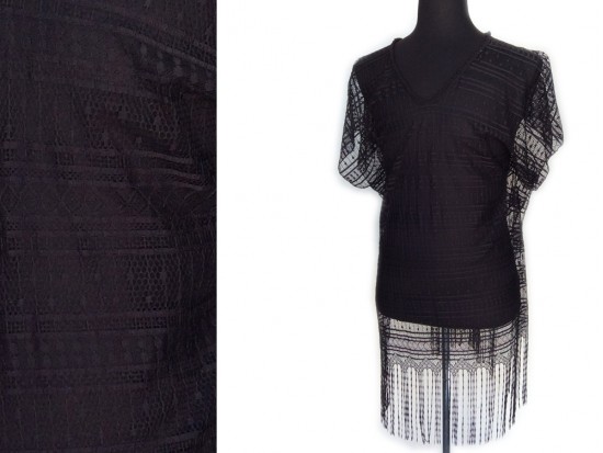 Black Open Weave Lacy Fringed Poncho