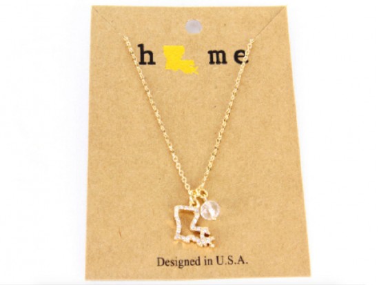 Gold Crystal Louisiana State Map Chain Necklace