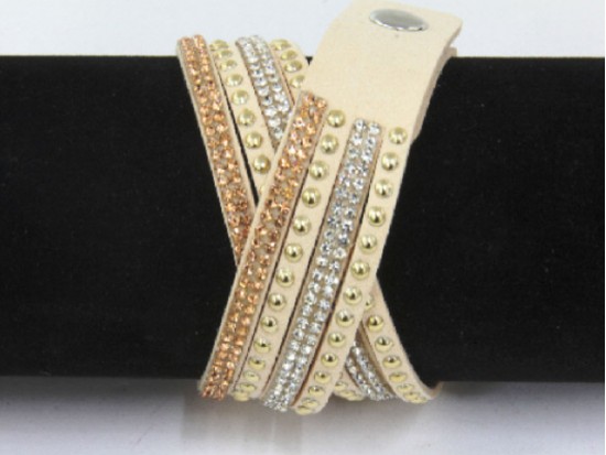 Beige Leather Crystal Wrap Bracelet