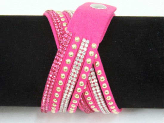 Hot Pink Leather Crystal Wrap Bracelet
