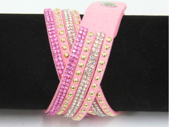 Pink Leather Crystal Wrap Bracelet