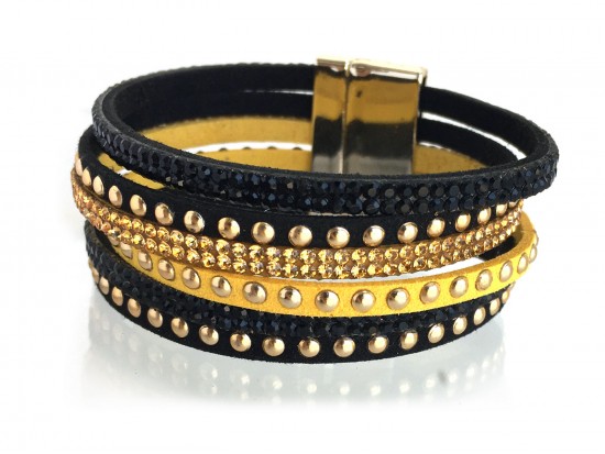 Black Gold Crystal Leather Wrap Bracelet