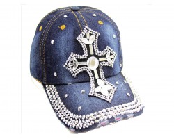 Crystal Cross Dark Blue Denim Baseball Cap