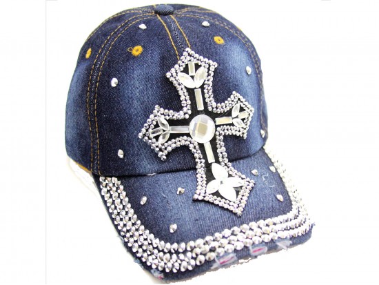 Crystal Cross Dark Blue Denim Baseball Cap