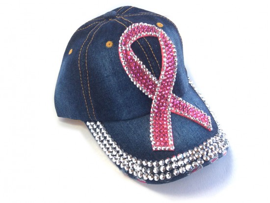 Pink Crystal Large Cancer Ribbon Denim Baseball Cap Pink Crystal Large Cancer Ribbon Denim Baseball Cap