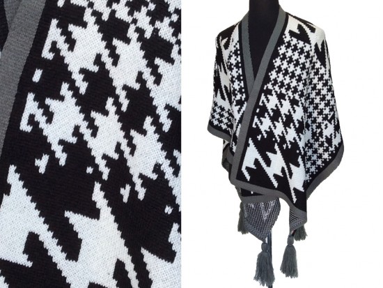 Gray Black Large Houndstooth Print Knit Poncho